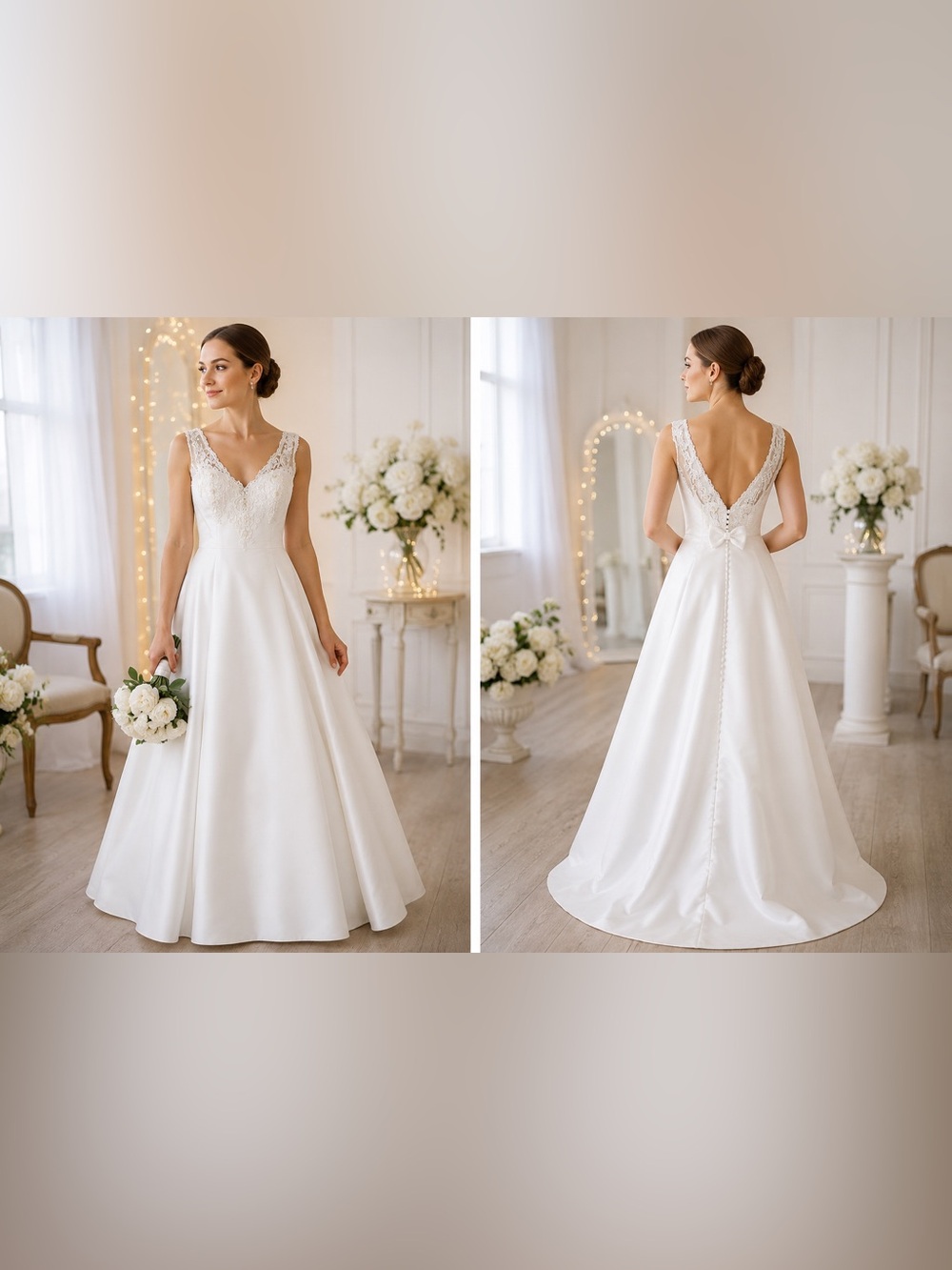 Elegant Wedding Dress Size 8 Ivory Satin A-Line Lace V-Neck Back Bow Bridal NWOT